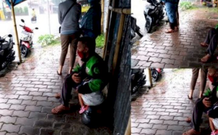 Viral Ojek Online Kehujanan Peluk Anak, Bikin Hati Terenyuh dengar Kisahnya