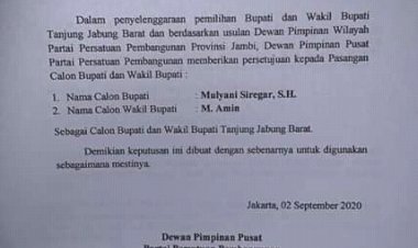 Jelang Pendaftaran ke KPU, PPP Keluarkan Rekomendasi untuk Mulyani- Amin di Pilkada Tanjab Barat