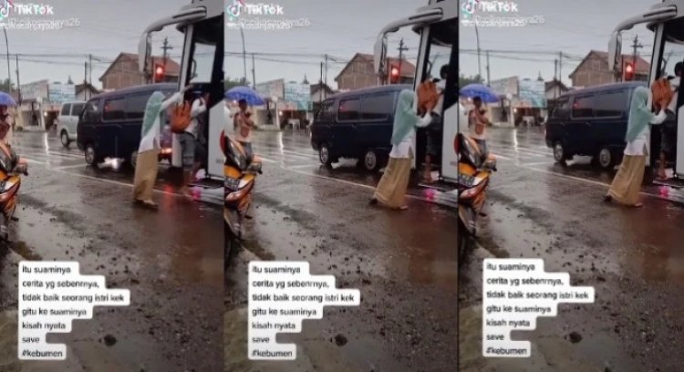 Viral! Sang Istri Dorong Paksa Suami Naik Bus Hingga Terhuyung Ditonton Hingga 2,7 Juta Kali