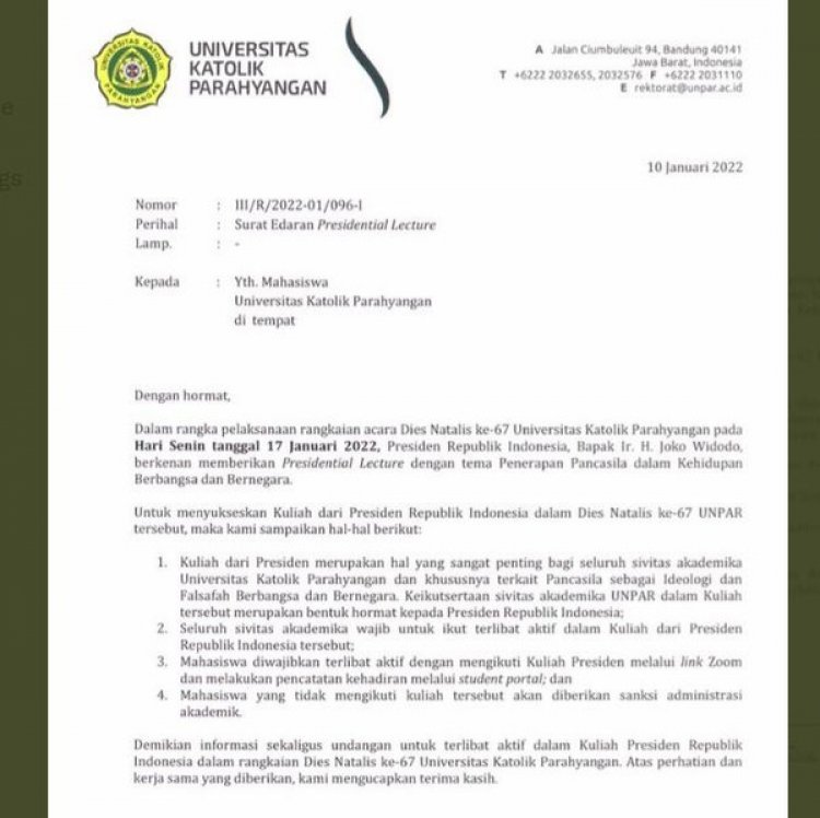 Viral! Surat Unpar Wajibkan Mahasiswa Saat Kuliah Jokowi, Jika Tak Hadir akan Disanksi