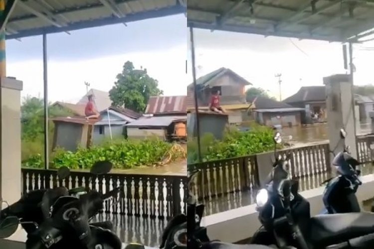 Viral! Pria Ini Tetap Santai Diatas Jamban yang Hanyut Terbawa Arus Sungai