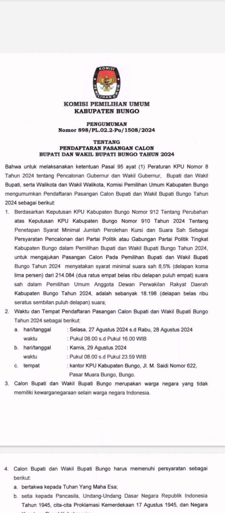 Pengumuman Pendaftaran Pasangan Calon Bupati dan Wakil Bupati Bungo 2024