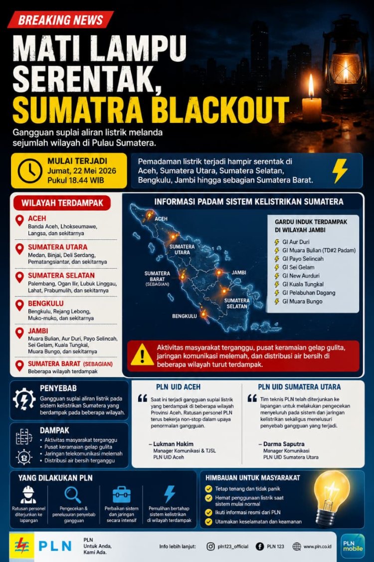 Mati Lampu Massal, Gangguan Sistem Kelistrikan Lumpuhkan Sejumlah Wilayah di Sumatera