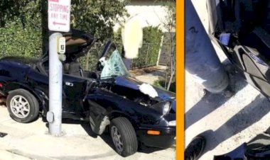 SIM Baru Jadi, Remaja Ini Tabrak Mobilnya ke Tiang Listrik