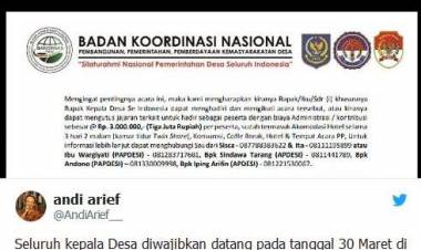 Di Twitter, Andi Arief Sebut Seluruh Kepala Desa Dipaksa Beri Gelar untuk Jokowi