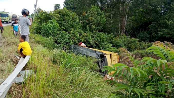 Ngebut, Truk Muatan Tomat Terguling di Tikungan Cantik Muarabungo